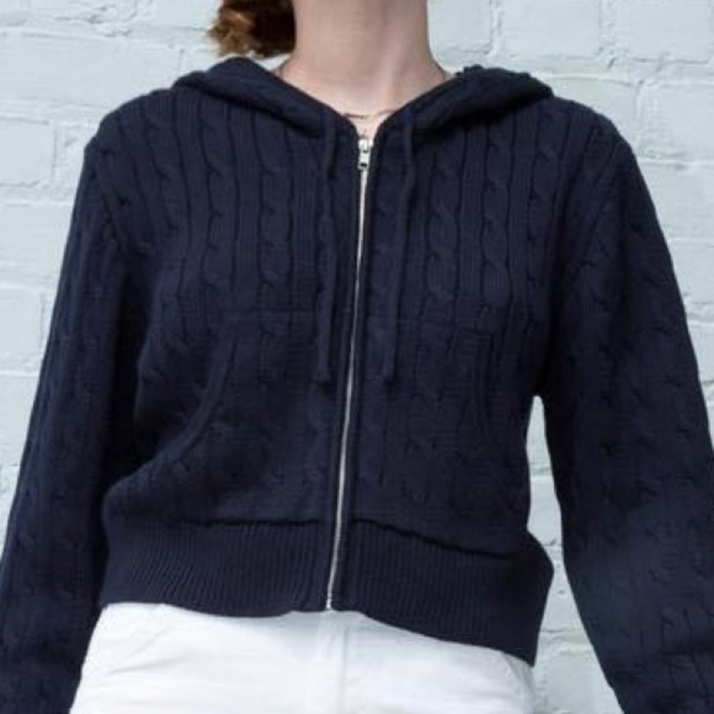 “BRANDY MELVILLE NAVY CRYSTAL KNIT HOODIE” navy cropped knit zip up hoodie